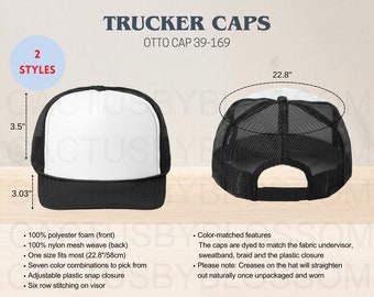 2 Tabela de tamanhos Bonés Trucker Boné Otto 39-169 mockup Tabela de tamanhos Etsy POD mock up Printify AOP Boné Chapéu mockup Tampa etsy novo vendedor Todos em impressão