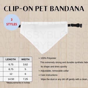 Op de afbeelding: Witte clip-on hondenbandana met een zwarte verstelbare kraag. De bandana is verkrijgbaar in drie maten: klein (17,1 cm lang, 9,2 cm breed), medium (22,2 cm lang, 12,7 cm breed), groot (30,5 cm lang, 15,2 cm breed) en extra groot (36,8 cm lang, 19,4 cm breed). De bandana is gemaakt van 100% polyester en is machinewasbaar.