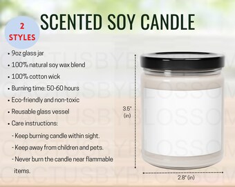 May include: A scented soy candle in a clear glass jar with a black lid. The candle is 3.5 inches tall and 2.8 inches wide. The candle is made with 100% natural soy wax and a 100% cotton wick. It has a burn time of 50-60 hours. The candle is eco-friendly and non-toxic. The jar is reusable.