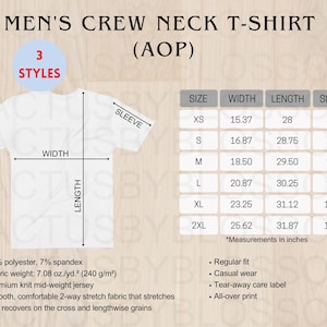 3 Size Chart Men&#39;s Crew Neck T-Shirt Mockup chart AOP All Over Print Size Chart Etsy Mockup Size XS-2XL Etsy New Seller mockup Printful mock