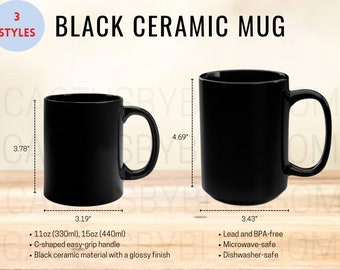 3 maattabel 11oz 15oz zwarte mok Mockup-grafiek koffiekopje Maattabel Etsy Listing-tool Mockup Etsy koffiekop printify Mockup nieuwe verkoper