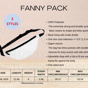 Può includere: Una marsupio bianca con una cerniera nera e una tracolla regolabile. Il marsupio ha tre tasche ed è realizzato in 100% poliestere. Le misure sono: lunghezza 12,99 pollici, altezza 6 pollici, larghezza della tracolla 0,98 pollici, circonferenza minima 39,37 pollici, circonferenza massima 53,54 pollici.