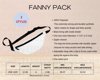 2 Size Chart Fanny Pack Mockup chart AOP All Over Print Size Chart Etsy Mockup Etsy New Seller Printify POD Print on Demand Fanny Pack Etsy