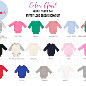 4 kleurenkaart Rabbit Skins 4411 mockup Etsy-babyromper uit één stuk babyromper met lange mouwen kleurenlijst 17 kleuren Printify nieuwe verkoper