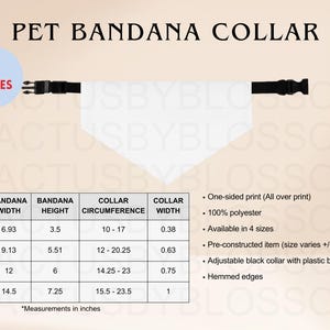 2 サイズ表 ペット用バンダナ首輪モックアップ サイズ S-XL 全面プリント表 犬用 Etsy モックアップ 猫用 Printify ファーベイビー リスト Etsy 新規販売者 AOP