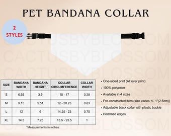 2 Size Chart Pet Bandana Collar mockup Sizing S-XL All-over-prints Chart Doggie Etsy mockup Cat Printify furbaby listing etsy new seller AOP