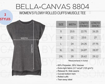 2 Size Chart Bella Canvas 8804 Mockup Women’s Flowy Rolled Cuffs Muscle Tee Mockup chart Sizes S-2XL Etsy mock up Printify New Seller