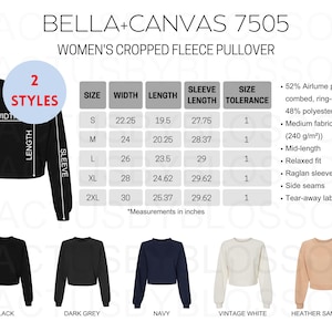 2 Tabla de tallas Bella + Canvas 7505 Maqueta para jersey polar corto para mujer Tabla de colores Herramienta de publicación de Etsy Tallas de maqueta S-2XL Vendedor nuevo de Etsy