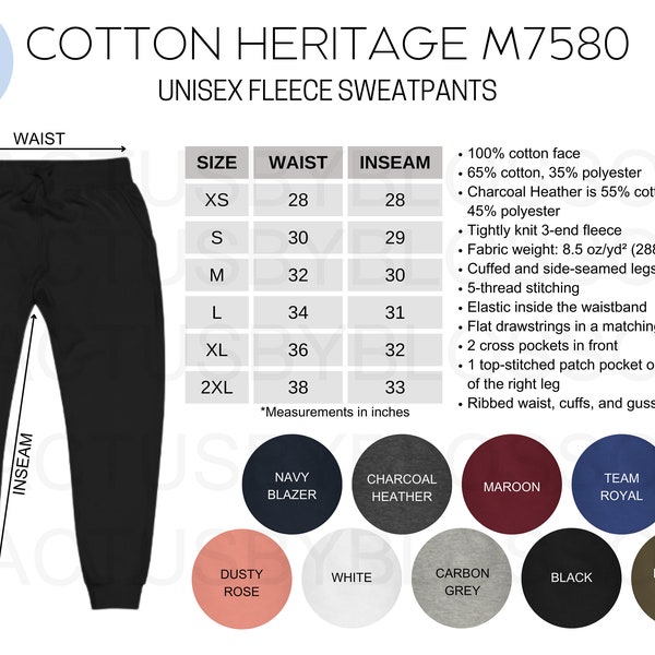 2 Size Chart Color Chart Cotton Heritage M7580 Mockup chart Unisex Fleece Sweatpants Sizing Chart Size XS-2XL Mockup joggers Printful