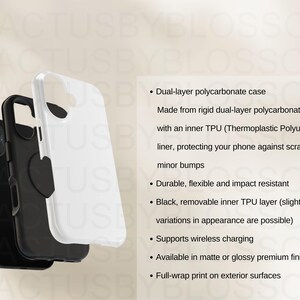 May include: A white phone case with a black inner layer. The case is made of dual-layer polycarbonate and TPU. It supports wireless charging and has a full-wrap print on the exterior.