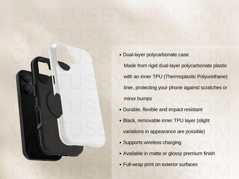 May include: A white phone case with a black inner layer. The case is made of dual-layer polycarbonate and TPU. It supports wireless charging and has a full-wrap print on the exterior.