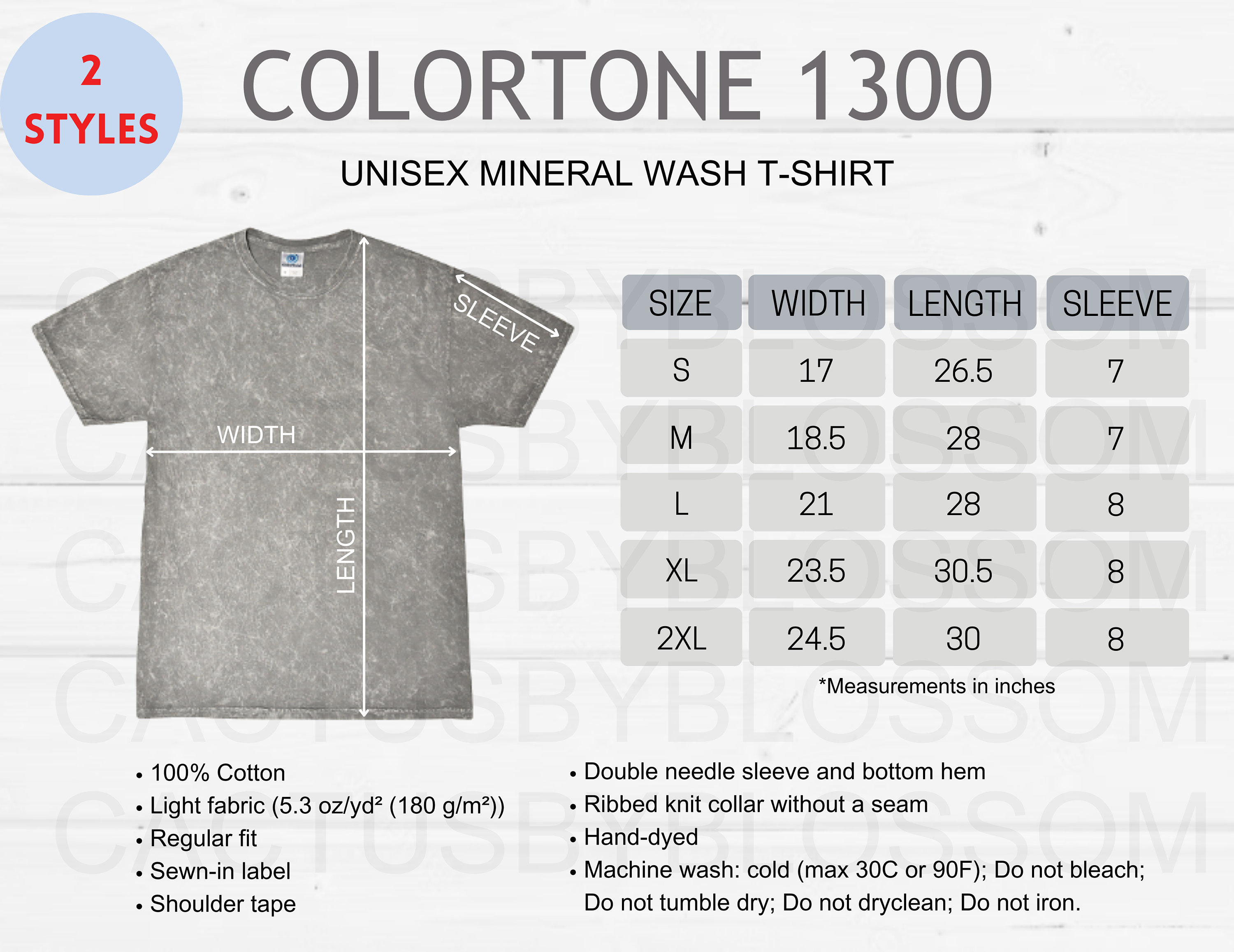 2 Size Chart Colortone 1300 Mockup Chart for Unisex Mineral Wash T