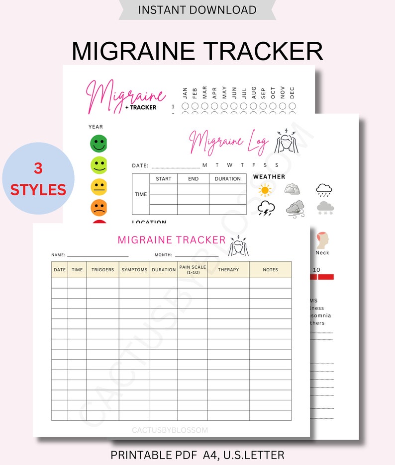 May include: Printable migraine tracker log with a pink and black design. The tracker includes sections for date, time, triggers, symptoms, duration, pain scale, therapy, and notes. The log also includes a section for weather and location. The tracker is designed to help people track their migraines and identify potential triggers.