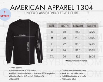 2 Size Chart American Apparel Alstyle AL1304 Mockup chart Unisex Long Sleeve Sizing Chart Etsy Listing Mock up Size S-2XL Mockup New Seller