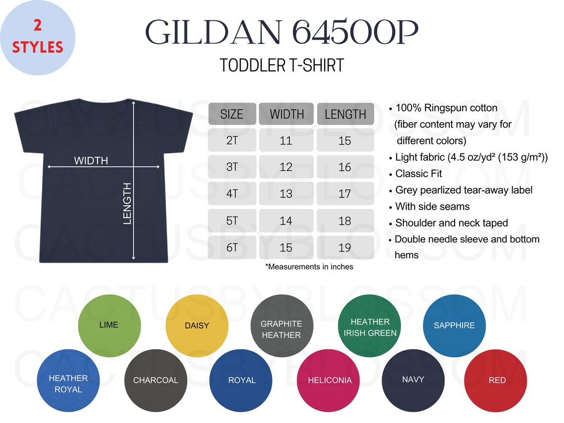 2tg Size 2 Size Chart Color Chart Gildan 64500P Toddler T-shirt Mockup Etsy ...