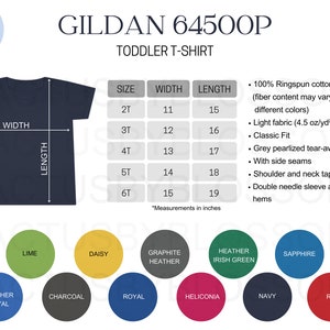 2 Tabla de tallas Tabla de colores Gildan 64500P Maqueta de camiseta para niño pequeño Herramientas de Etsy Maqueta de listado de camisetas Talla de camiseta 2T-6T 11 colores nuevo vendedor de Etsy