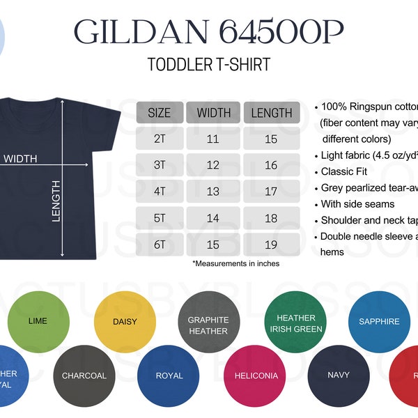 2 Size Chart Color Chart Gildan 64500P Toddler T-shirt mockup Etsy tools T-Shirt listing mockup T-Shirt size 2T-6T 11 colors new etsy seller