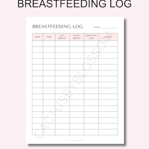 May include: Printable breastfeeding log with columns for date, time, left breast, right breast, duration in minutes, and notes. The log is designed for tracking breastfeeding sessions.