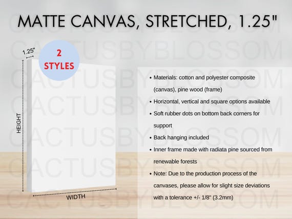 CUSTOM 2 Size Chart Matte Canvas Stretched 1.25" Mockup chart AOP All over print Size Chart Etsy Mockup Etsy New Seller POD mockup Printify