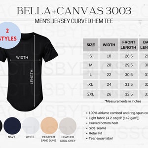 2 Tabla de tallas Bella + Canvas 3003 Camiseta de hombre con dobladillo curvo Tabla de colores Herramienta de listado de Etsy Maqueta Talla S-2XL 5 colores Etsy Printify nuevo vendedor