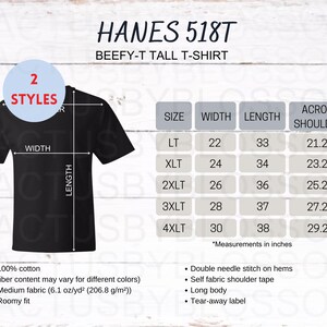 2 Maattabel Hanes 518T Mockup-tabel voor Beefy-T Tall T-Shirt Maattabel Etsy-listingtool Mock-up maten LT-4XLT Etsy Mock-up voor nieuwe verkoper