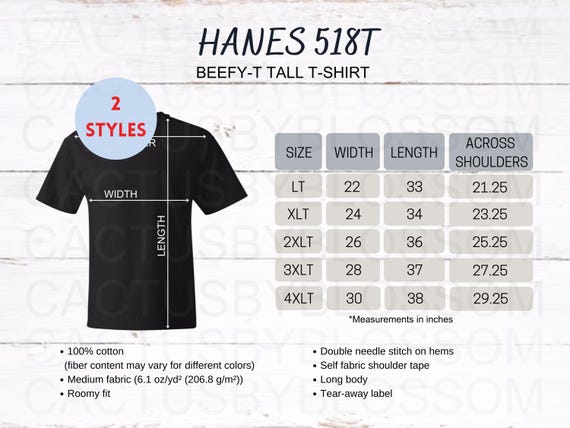 2サイズ表 Hanes 518T Beefy-T Tall Tシャツ用モックアップチャート