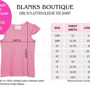 May include: Size chart for a pink girl's flutter sleeve tee shirt. The chart shows chest width and length measurements in inches for sizes 12M to 10. The shirt is made of 6+ oz 100% combed cotton interlock cotton.
