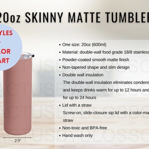 BUNDLE Size Chart Color Chart 20oz Maars Maker Skinny Matte Tumbler 20oz with Straw Mockup chart Size Chart Etsy Listing Tumbler Printify