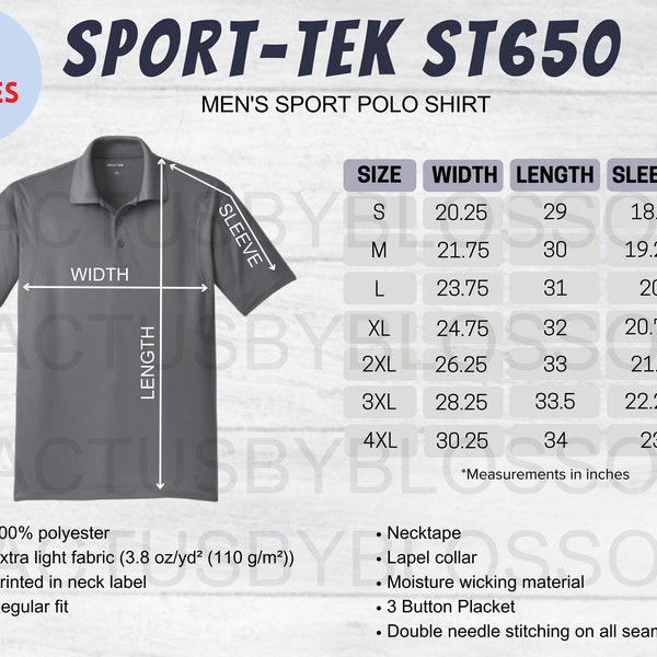 2 Size Chart Sport-Tek ST650 Mockup for Micropique Sport Wick Polo Men Size Chart Etsy Listing Mock up Size S-4XL Etsy Mockup New Seller