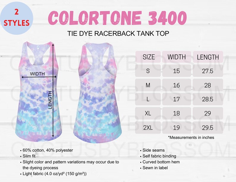 2 Size Chart Colortone 3400 Mockup Chart for Tie Dye Racerback Tank Top