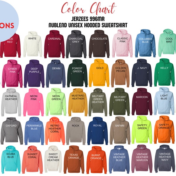 3 Color Chart Jerzees 996MR mockup for Etsy tool Nublend Hooded Sweatshirt for Etsy mock up color listing 50 Sweat color for new etsy seller