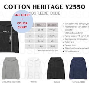 Puede incluir: Una tabla de tallas para una sudadera con capucha de forro polar para niños en negro, blanco, gris jaspeado y azul marino. La tabla muestra el ancho y la longitud en pulgadas para las tallas S, M, L y XL. La sudadera con capucha está hecha de 65% algodón y 35% poliéster. Tiene una capucha de 2 paneles, puños y cintura de canalé, y costuras laterales.