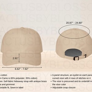 May include: A beige baseball cap with a curved visor and an adjustable snap closure. The cap is made of 100% cotton and has a self-fabric hideaway strap with an antique brass buckle and grommet. The cap measures 6.62 to 7.62 inches in circumference and 3.12 inches in height.