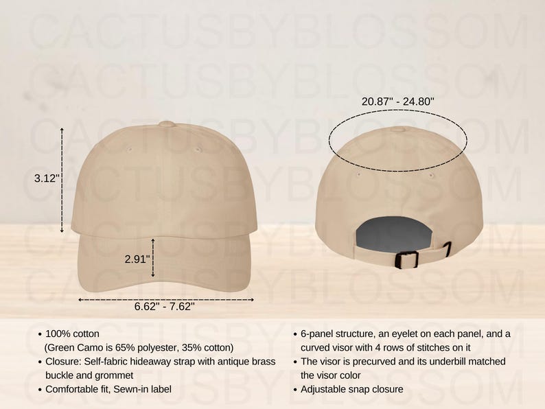 May include: A beige baseball cap with a curved visor and an adjustable snap closure. The cap is made of 100% cotton and has a self-fabric hideaway strap with an antique brass buckle and grommet. The cap measures 6.62 to 7.62 inches in circumference and 3.12 inches in height.