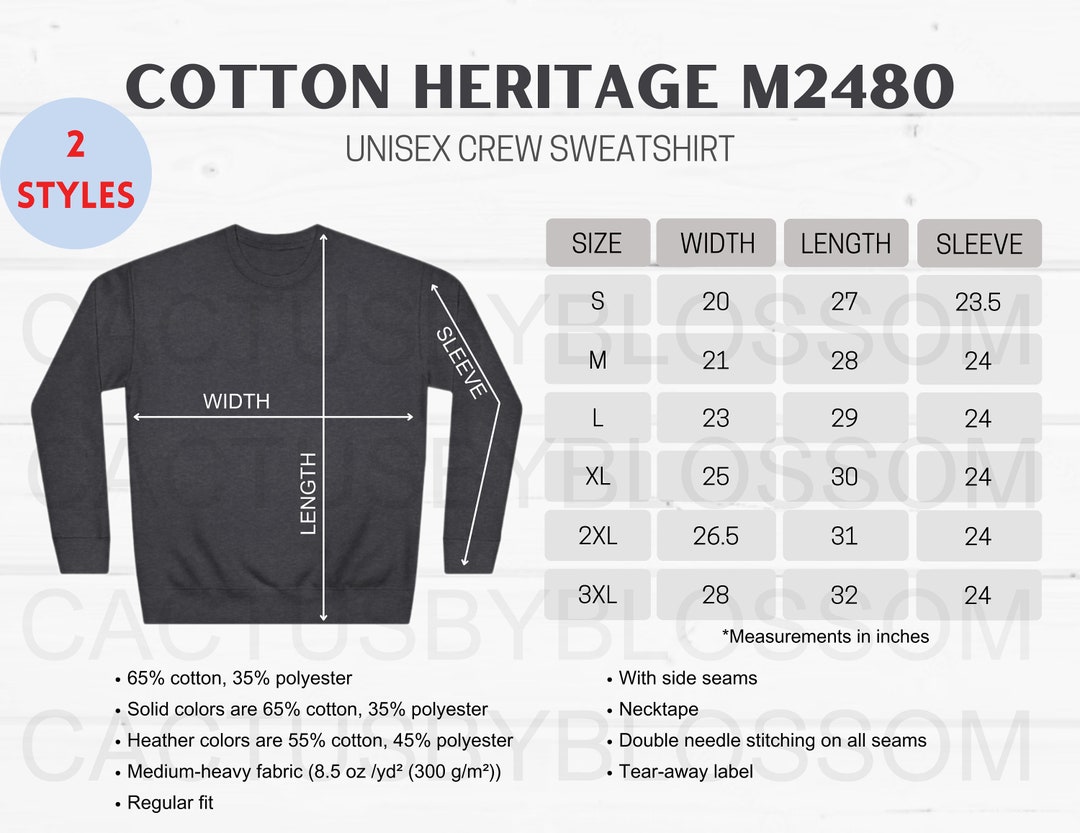 2 Size Chart Cotton Heritage M2480 Mockup Listing for Unisex Crew