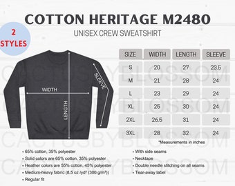 2 Size Chart Cotton Heritage M2480 Mockup listing for Unisex Crew Sweatshirt Sizes S-3XL Size Chart Etsy mockup for etsy new seller printify