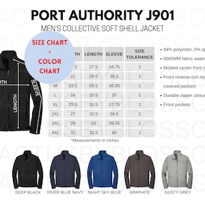 Könnte beinhalten: Schwarze Softshelljacke mit Größentabelle und Farboptionen. Die Jacke hat einen Frontreißverschluss und Fronttaschen. Verfügbare Farben sind tiefschwarz, river blue navy, night sky blue, graphit und gusty grey. Maße in cm.