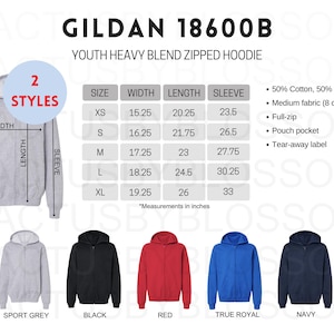 May include: A size chart for Gildan 18600B Youth Heavy Blend Zipped Hoodie, showing measurements in inches for sizes XS to XL. The chart includes width, length, and sleeve measurements. The hoodie is available in five colors: Sport Grey, Black, Red, True Royal, and Navy.