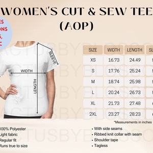 4 Size Chart Women Cut and Sew Tee Mockup chart AOP All Over Print Size Chart Etsy Mockup Size XS-2XL Etsy New Seller mockup metric printify