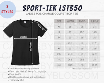 2 Size Chart Sport-Tek LST350 Ladies Posicharge Competitor Tee Sizing Chart Etsy Listing tool Mock up Sizes XS-4XL Etsy Mockup New Seller