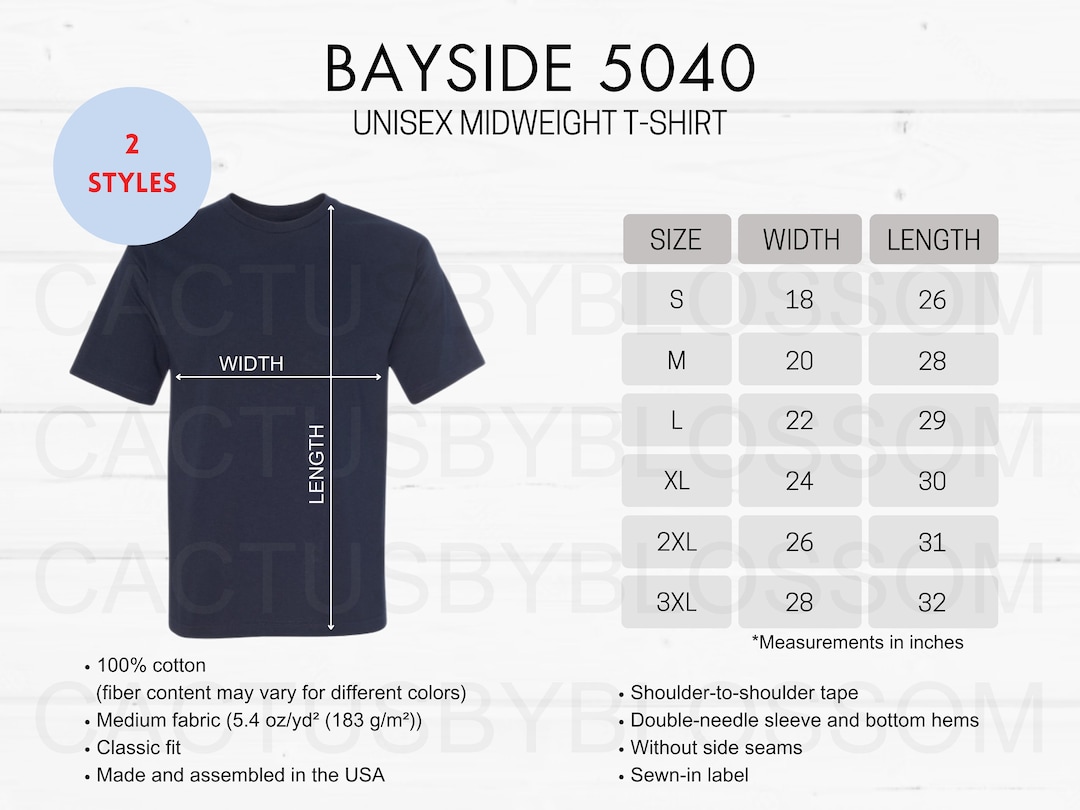 2 Size Chart Bayside 5040 Unisex Midweight T-shirt Made in US