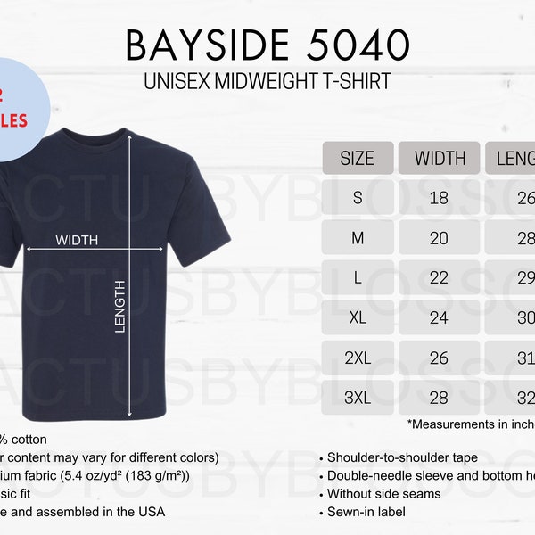 2 Size Chart Bayside 5040 Unisex Midweight T-shirt Made in US chart Women's Organic Short Sleeve T-Shirt Listing tool Mockup Size S-3XL