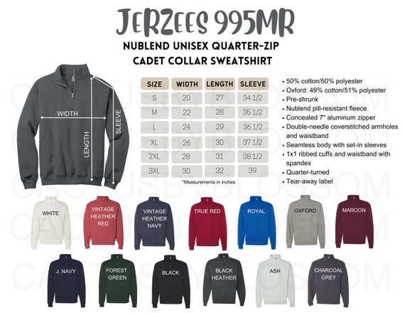 Size Chart Color Chart Jerzees 995MR Nublend Mockup Etsy Tools Quarter Zip Cadet Collar Sweatshirt Chart S 3XL Unisex Long Sleeve Mock Etsy Etsy