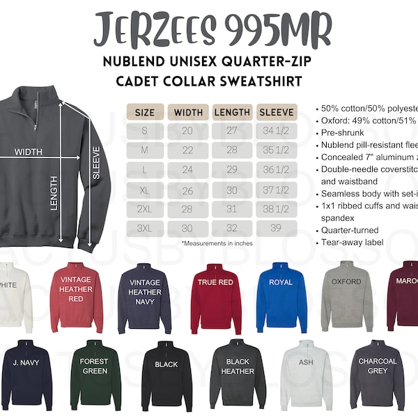 Size Chart Color Chart Jerzees 995MR NuBlend mockup Etsy tools Quarter Zip Cadet Collar Sweatshirt Chart S-3XL Unisex long sleeve mock etsy