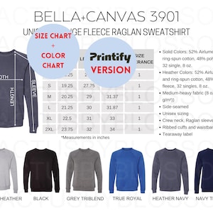 以下が含まれることがあります： Bella+Canvas 3901フリースラグランスウェットシャツの製品画像。画像には、インチ単位のサイズチャート、色のオプション、製品の詳細が含まれています。利用可能な色は、アスレチックヘザー、ブラック、グレーのトライブレンド、トゥルーロイヤル、ヘザーネイビー、ネイビーのトライブレンドです。
