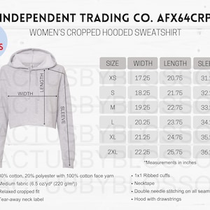 2 Size Chart Independent Trading Company AFX64CRP Etsy tool Women Cropped Hooded Sweatshirt size XS-2XL mock up listing new seller printify