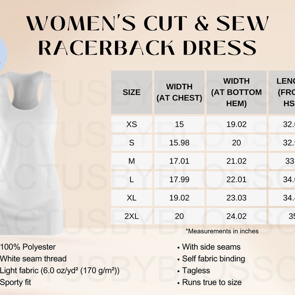 2 Size Chart Women's Cut and Sew Racerback Dress Mockup chart AOP All Over Print Size Chart Etsy Mockup Size XS-2XL Etsy New Seller Printify