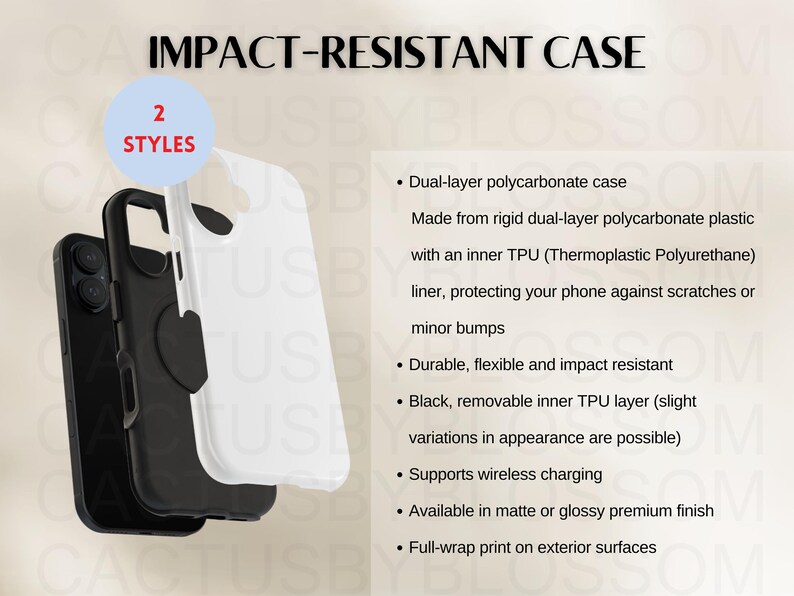 May include: Two phone cases, one black and one white, with a dual-layer polycarbonate construction. The cases are impact-resistant and feature a removable inner TPU layer. The text "2 STYLES" is visible in the top left corner.
