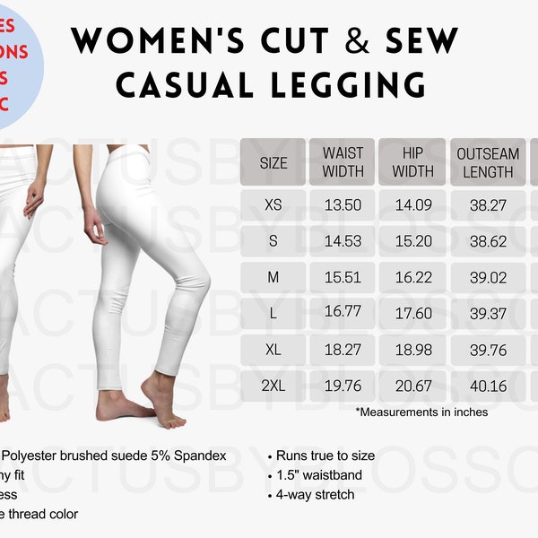 4 Size Chart Women's Cut & Sew Casual Leggings mockup Etsy tool Sizing XS-2XL Chart Etsy mock up printify listing etsy new seller metric