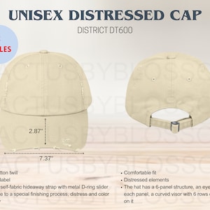 May include: A beige unisex distressed baseball cap with a curved visor and a self-fabric hideaway strap with a metal D-ring slider. The cap has a 6-panel structure with an eyelet on each panel. The cap measures 6.5 inches tall, 7.37 inches wide, and 2.87 inches deep.  "DISTRICT DT600" is printed on the cap.